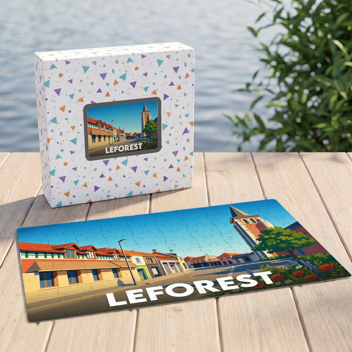 Puzzle souvenir de la ville de Leforest avec une illustration stylisée d'un paysage urbain.