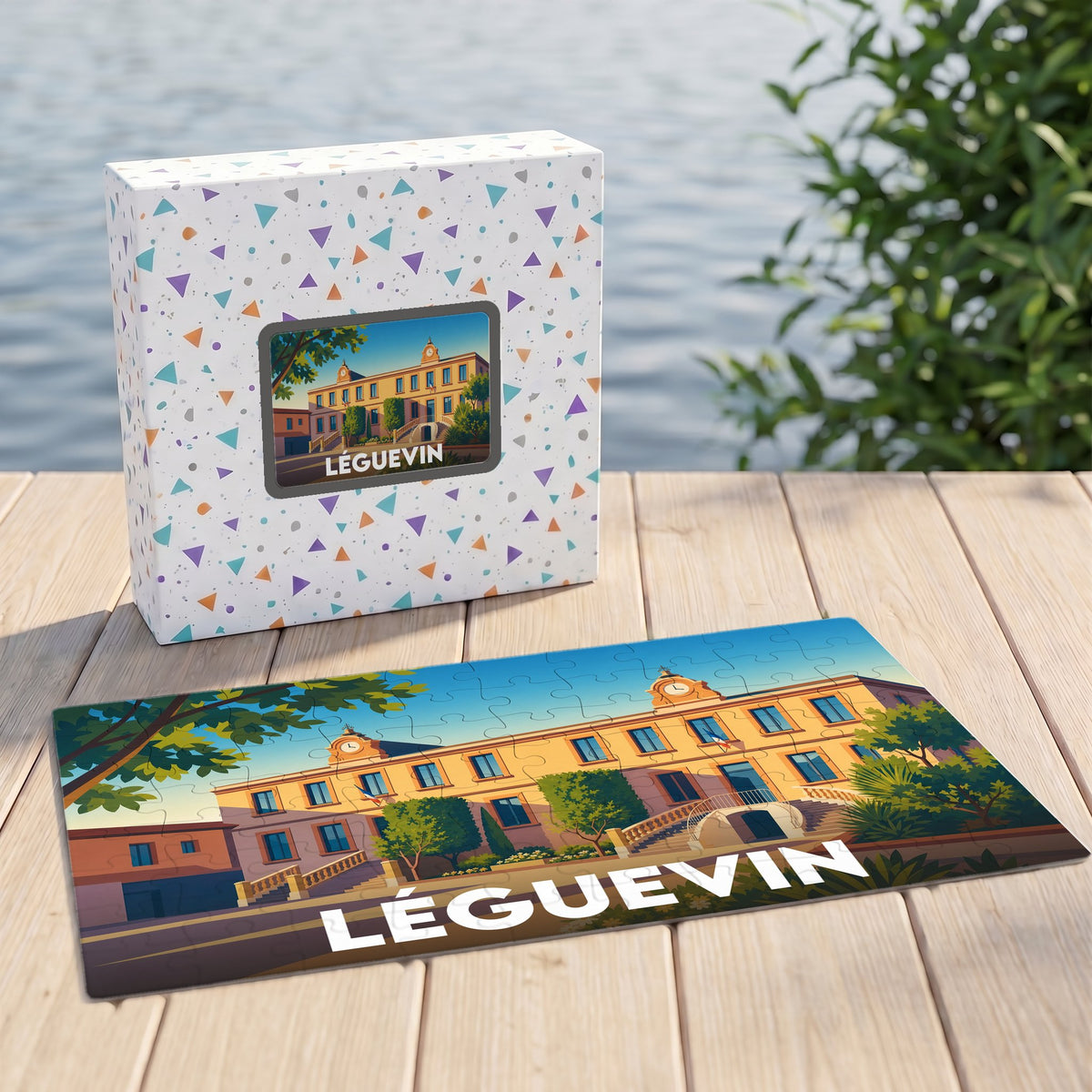 Puzzle souvenir de la ville de Léguevin avec une illustration stylisée de son hôtel de ville.