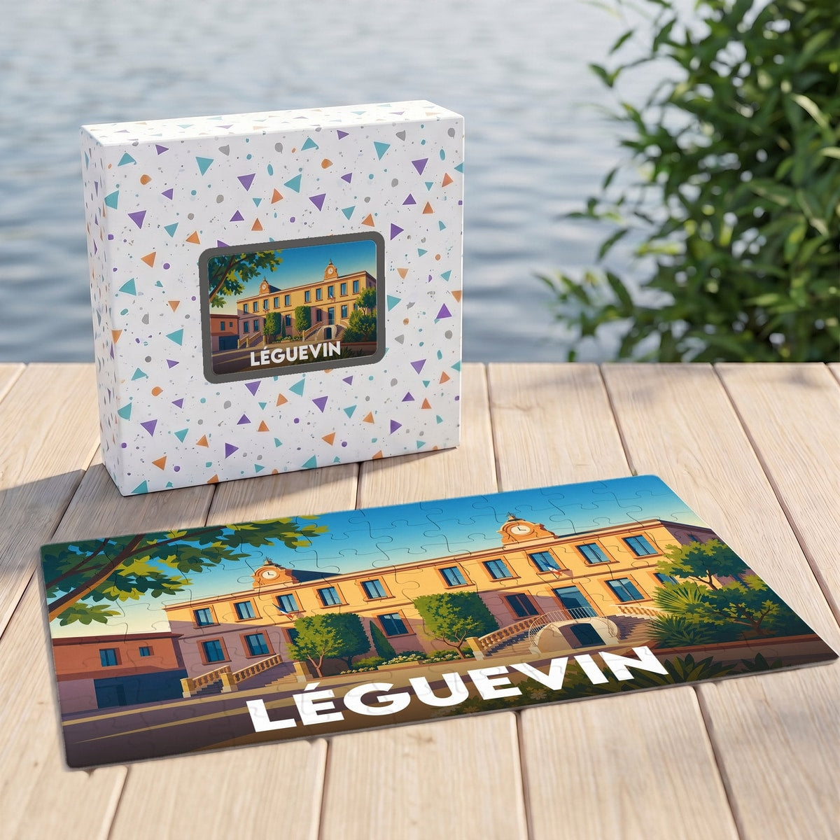 Puzzle souvenir de la ville de Léguevin avec une illustration stylisée de son hôtel de ville.