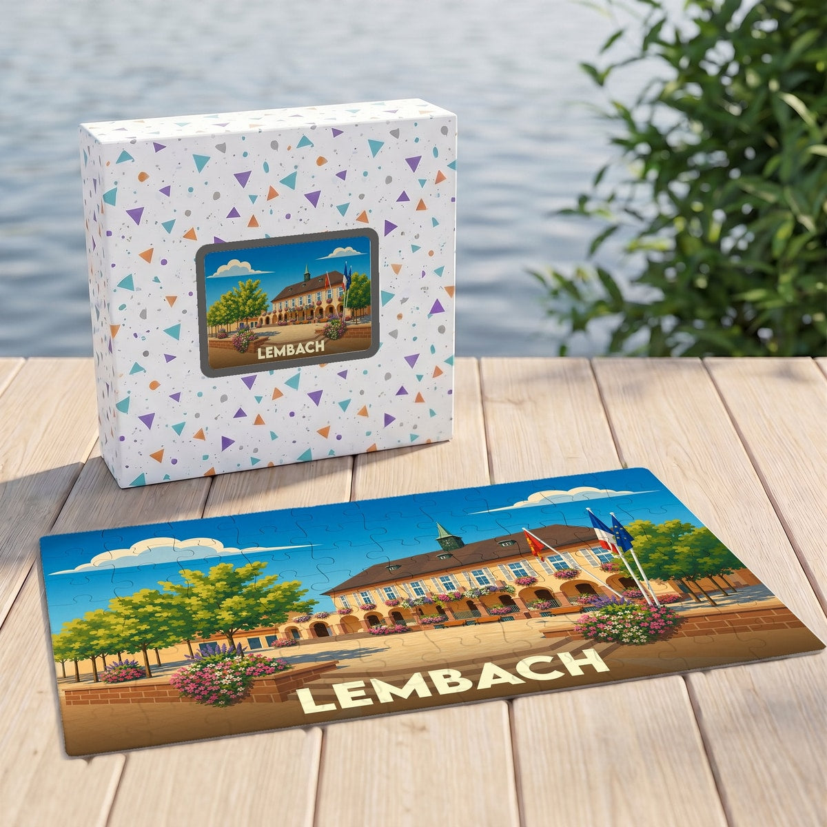 Puzzle souvenir de la ville de Lembach avec son illustration stylisée et sa boîte assortie.