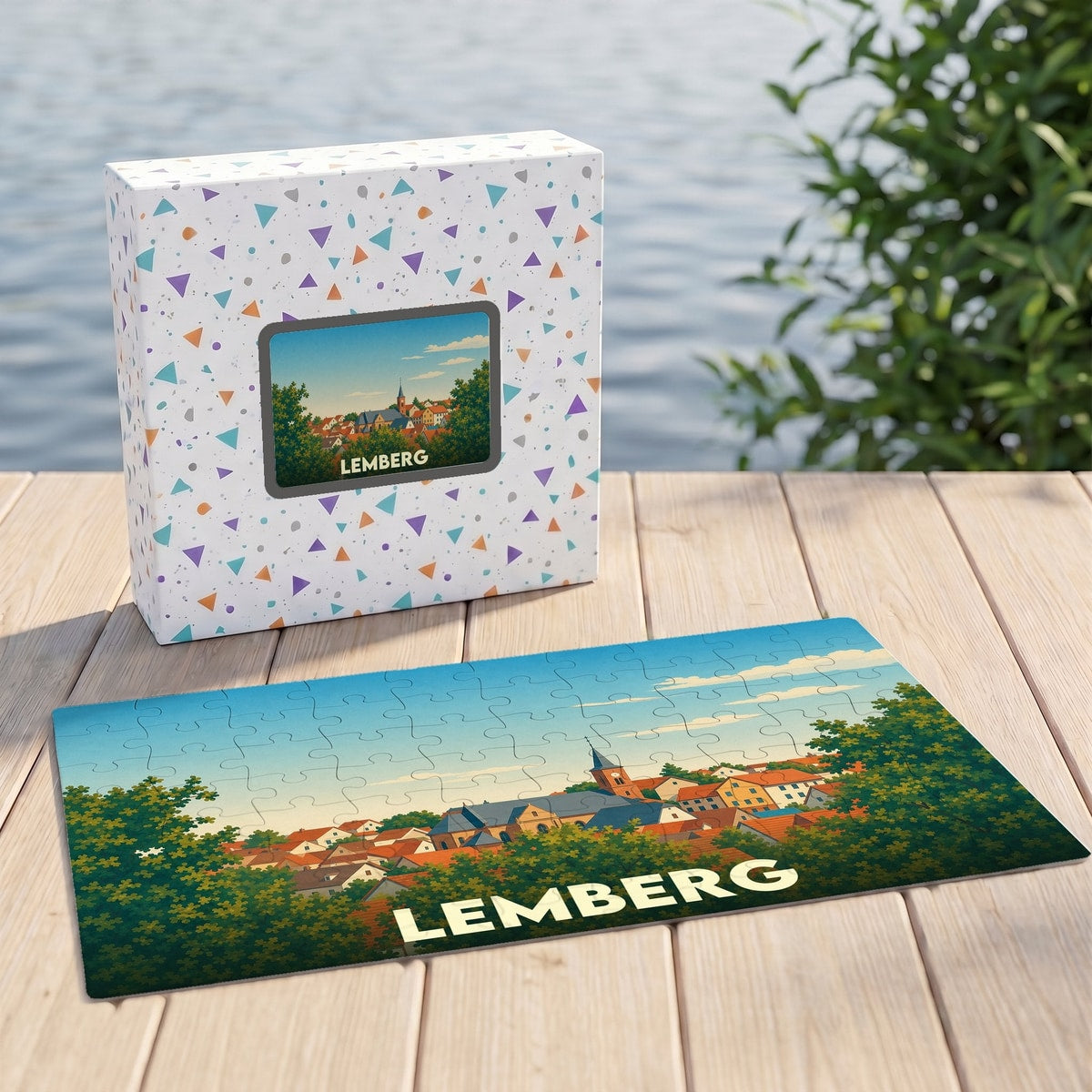 Puzzle souvenir de la ville de Lemberg avec une illustration stylisée et colorée.