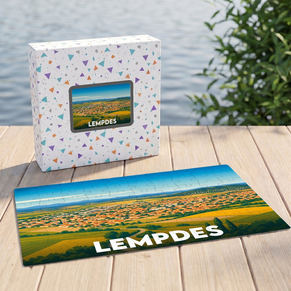 Puzzle souvenir de la ville de Lempdes avec une illustration stylisée d'un paysage panoramique.