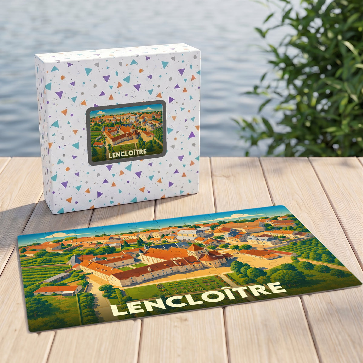 Puzzle souvenir de la ville de Lencloître avec une illustration stylisée d'une vue aérienne.