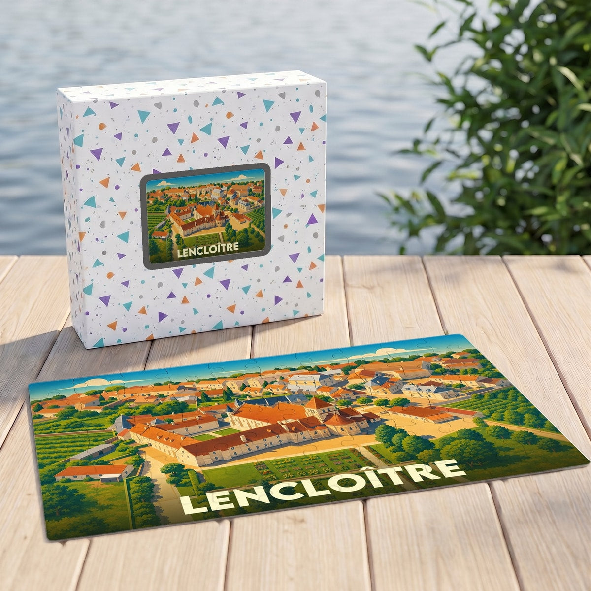 Puzzle souvenir de la ville de Lencloître avec une illustration stylisée d'une vue aérienne.