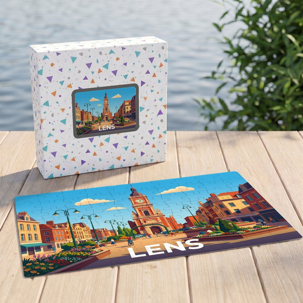 Puzzle souvenir de la ville de Lens avec une illustration stylisée et colorée de son centre-ville.