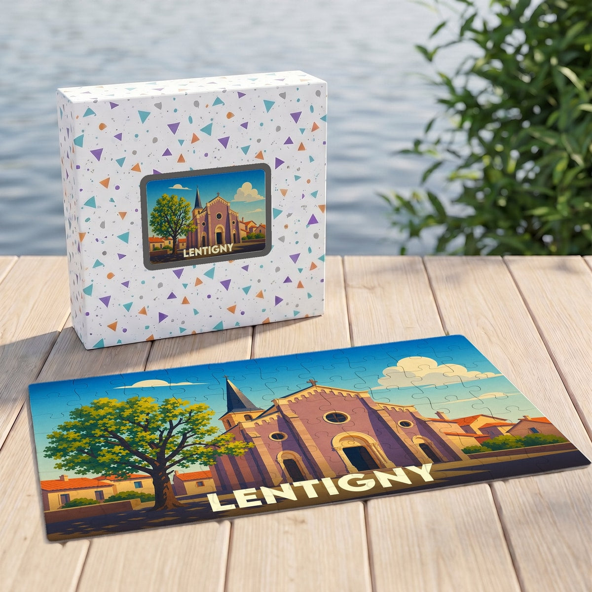 Puzzle souvenir de la ville de Lentigny avec une illustration stylisée de son église et de ses environs.