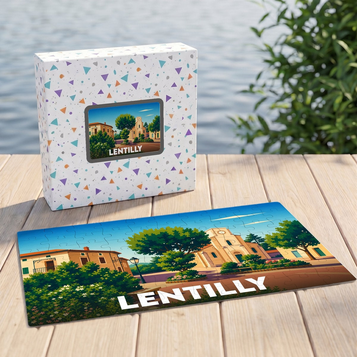 Puzzle souvenir de la ville de Lentilly avec une illustration stylisée et colorée.
