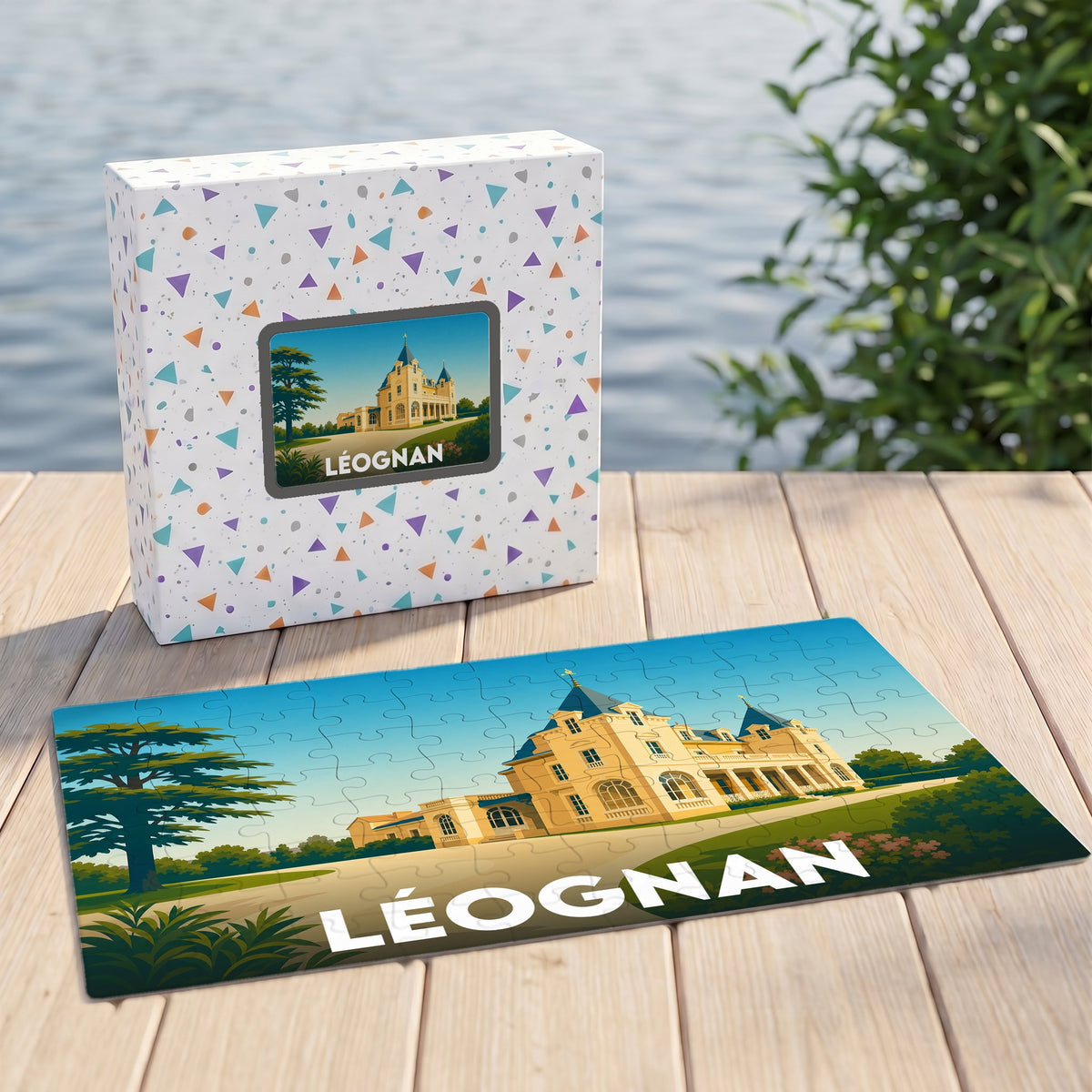 Puzzle souvenir de la ville de Léognan avec une illustration stylisée représentant un château.