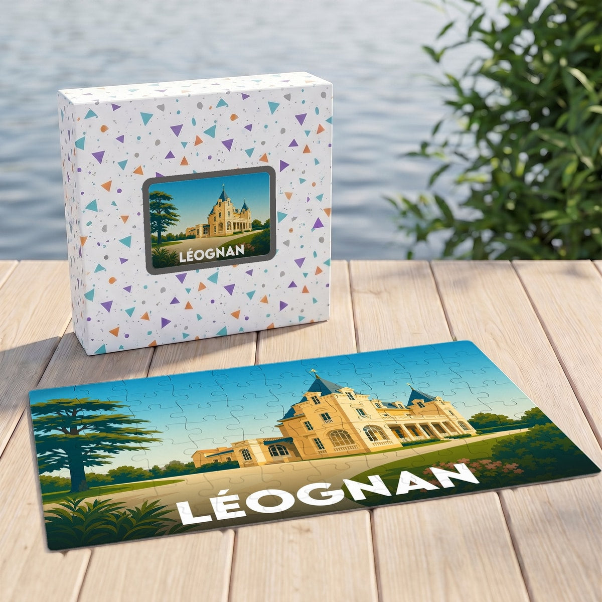 Puzzle souvenir de la ville de Léognan avec une illustration stylisée représentant un château.