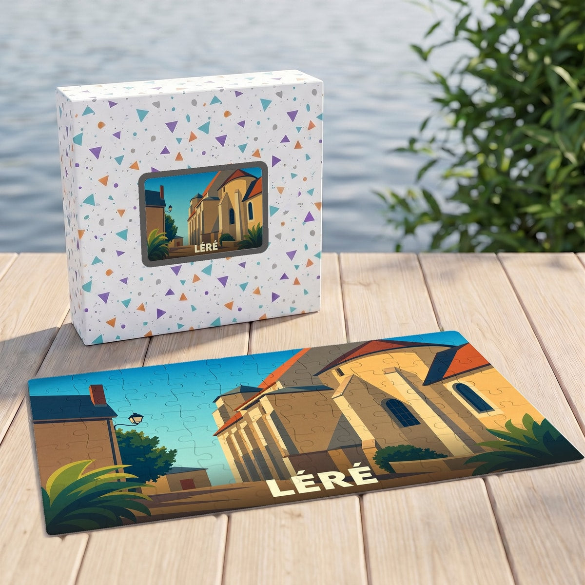 Puzzle souvenir de la ville de Léré avec une illustration stylisée de son église.