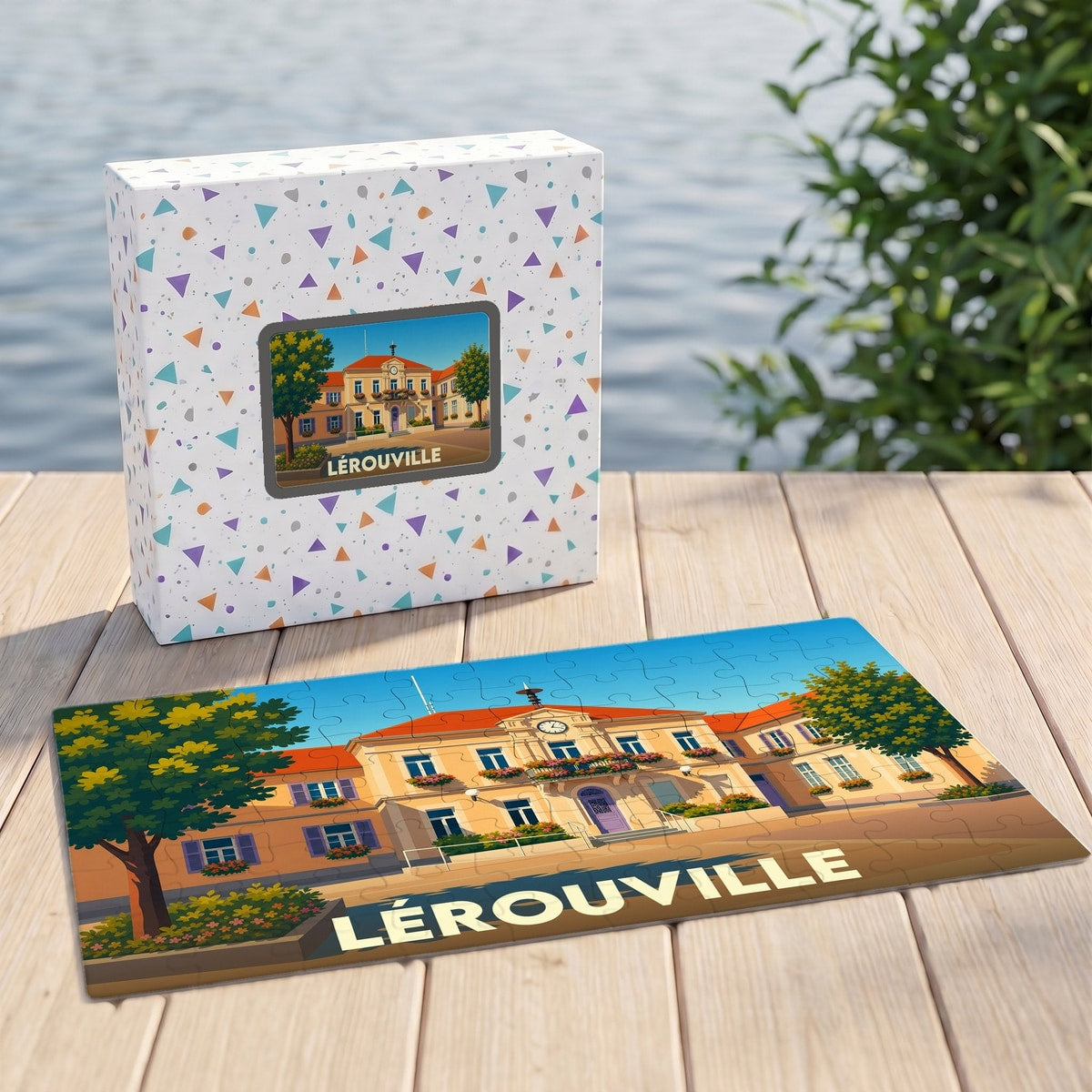 Puzzle souvenir de la ville de Lérouville avec une illustration stylisée d'un bâtiment municipal.