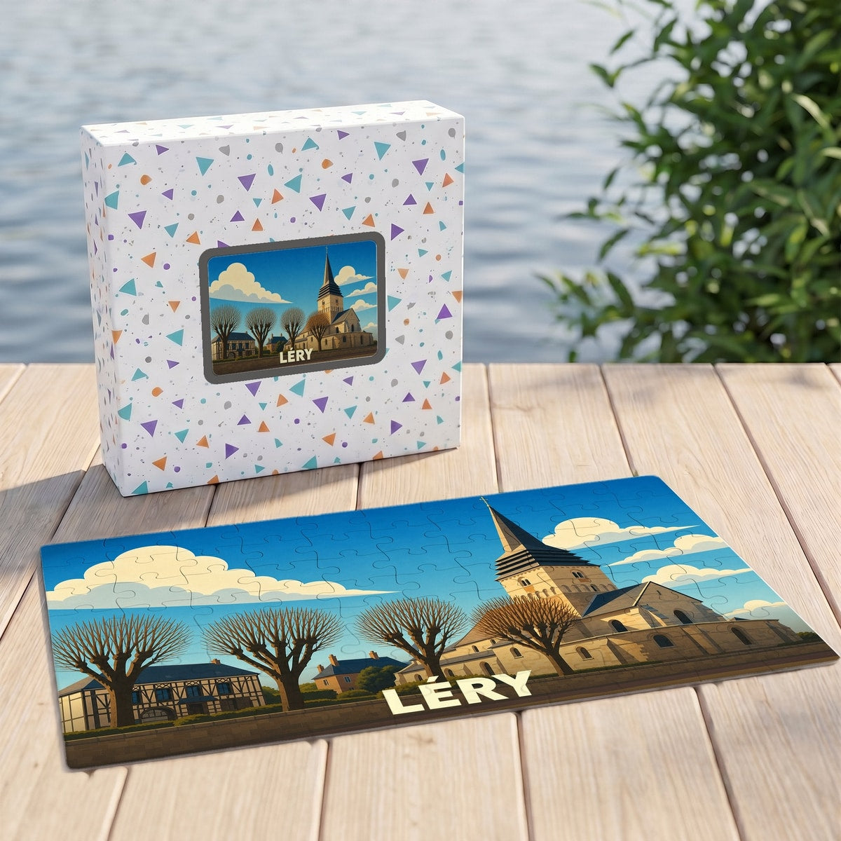 Puzzle souvenir de la ville de Léry illustrant son église dans un style graphique épuré.