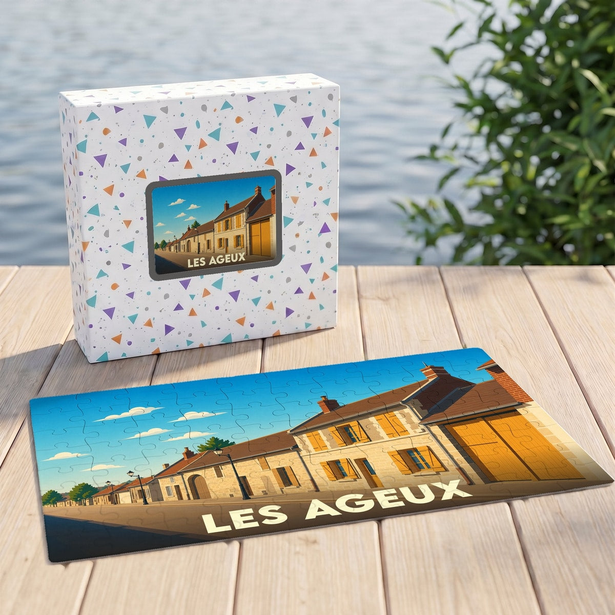 Puzzle souvenir de la ville de Les Ageux avec une illustration stylisée d'une rue ensoleillée.