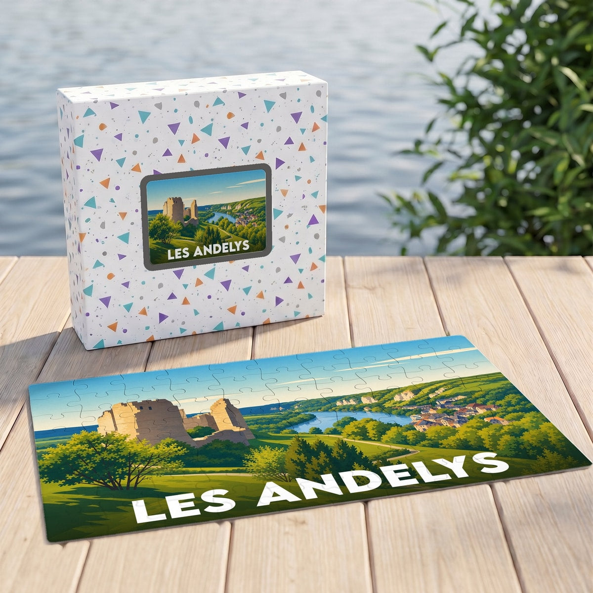 Puzzle souvenir de la ville de Les Andelys avec une illustration stylisée du Château-Gaillard.
