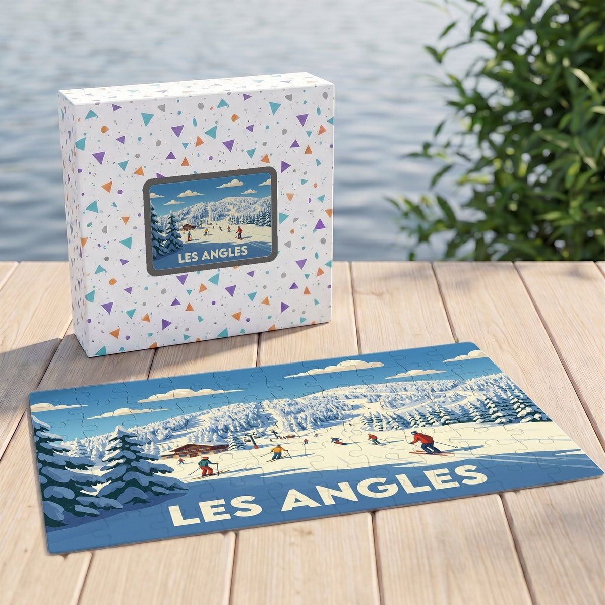 Puzzle souvenir de la station des Angles avec une illustration hivernale stylisée.