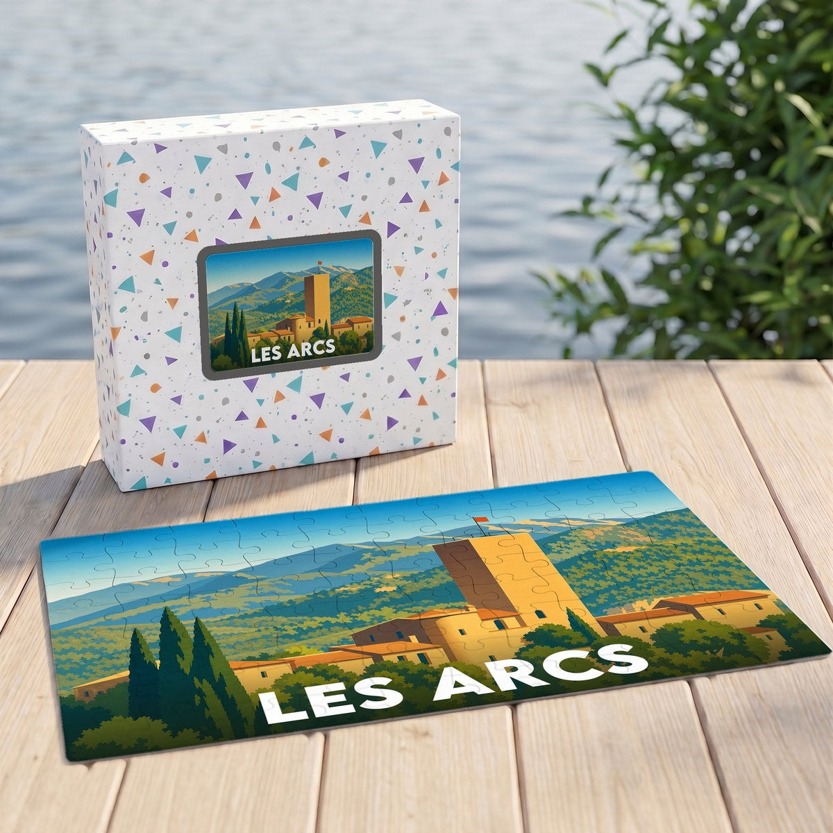 Puzzle souvenir de la ville de Les Arcs avec une illustration stylisée et colorée.