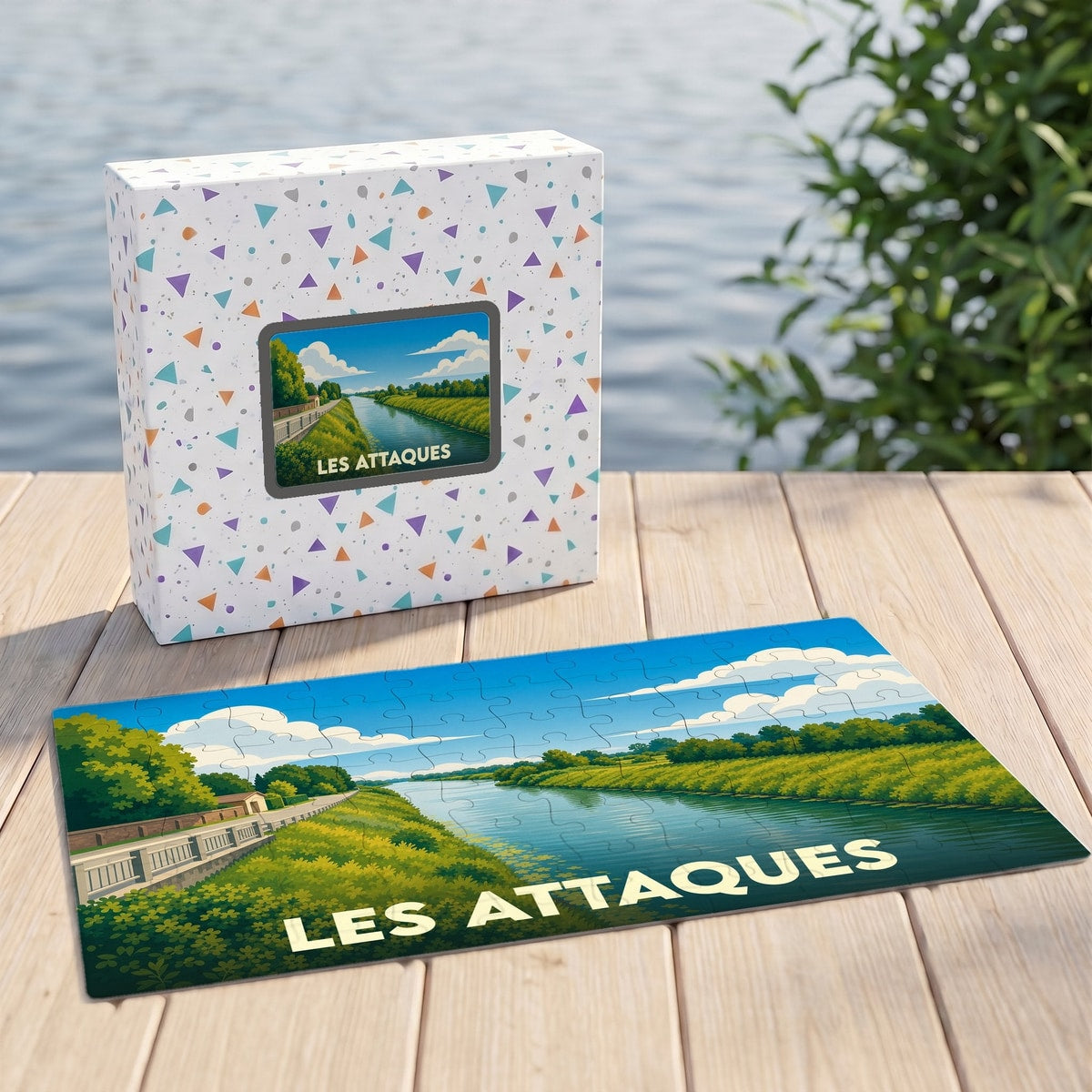 Puzzle souvenir de la ville de Les Attaques avec une illustration stylisée d'un canal.
