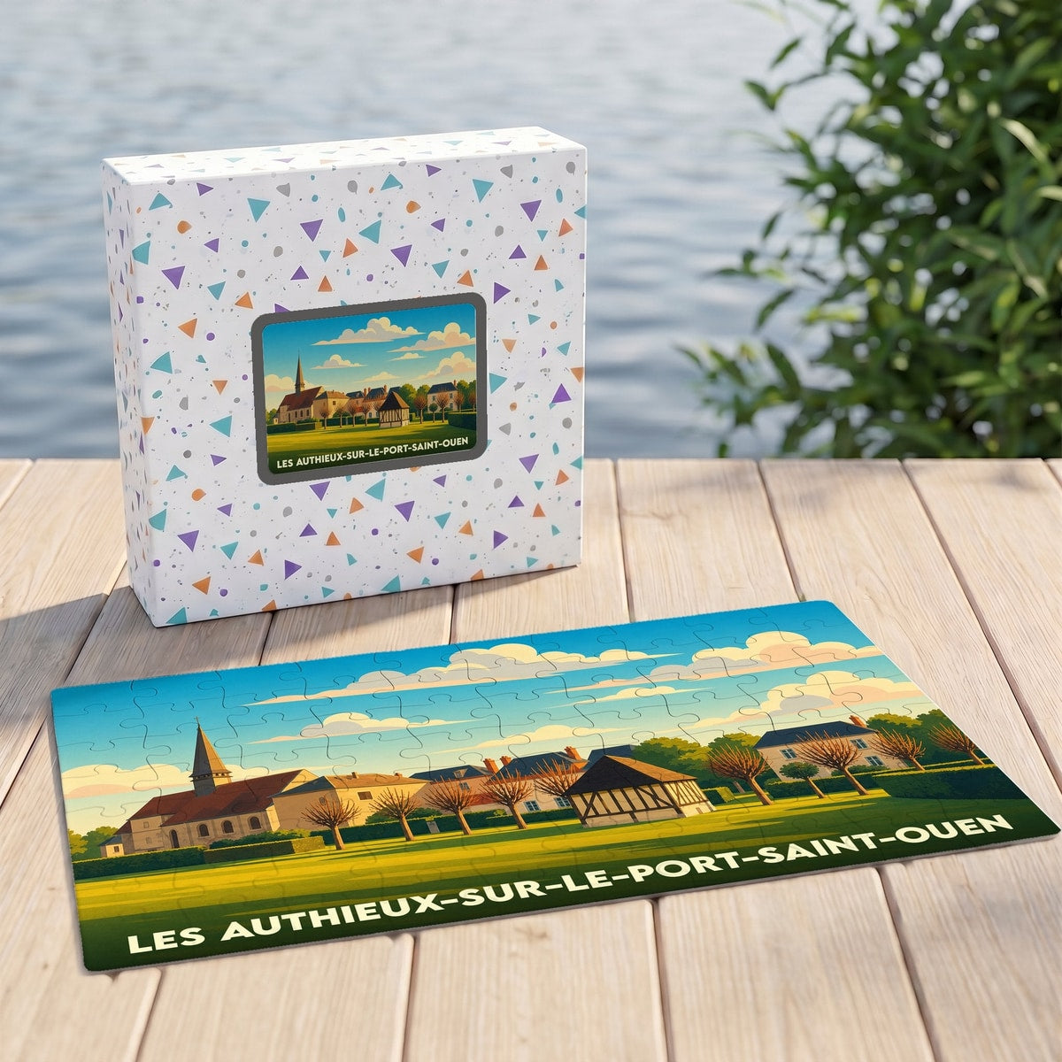 Puzzle souvenir de la ville de Les Authieux-sur-le-Port-Saint-Ouen avec une illustration stylisée d'un paysage normand.