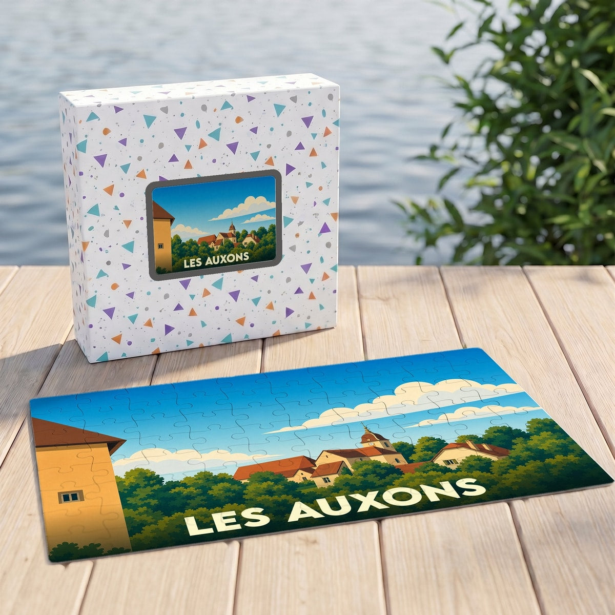 Puzzle souvenir de la ville de Les Auxons avec une illustration stylisée.
