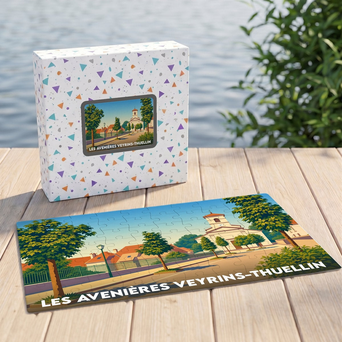 Puzzle souvenir de la ville de Les Avenières Veyrins-Thuellin avec une illustration stylisée d'une place arborée devant l'église.