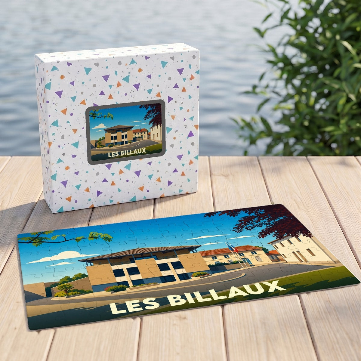 Puzzle souvenir de la ville de Les Billaux avec une illustration stylisée et sa boîte assortie.