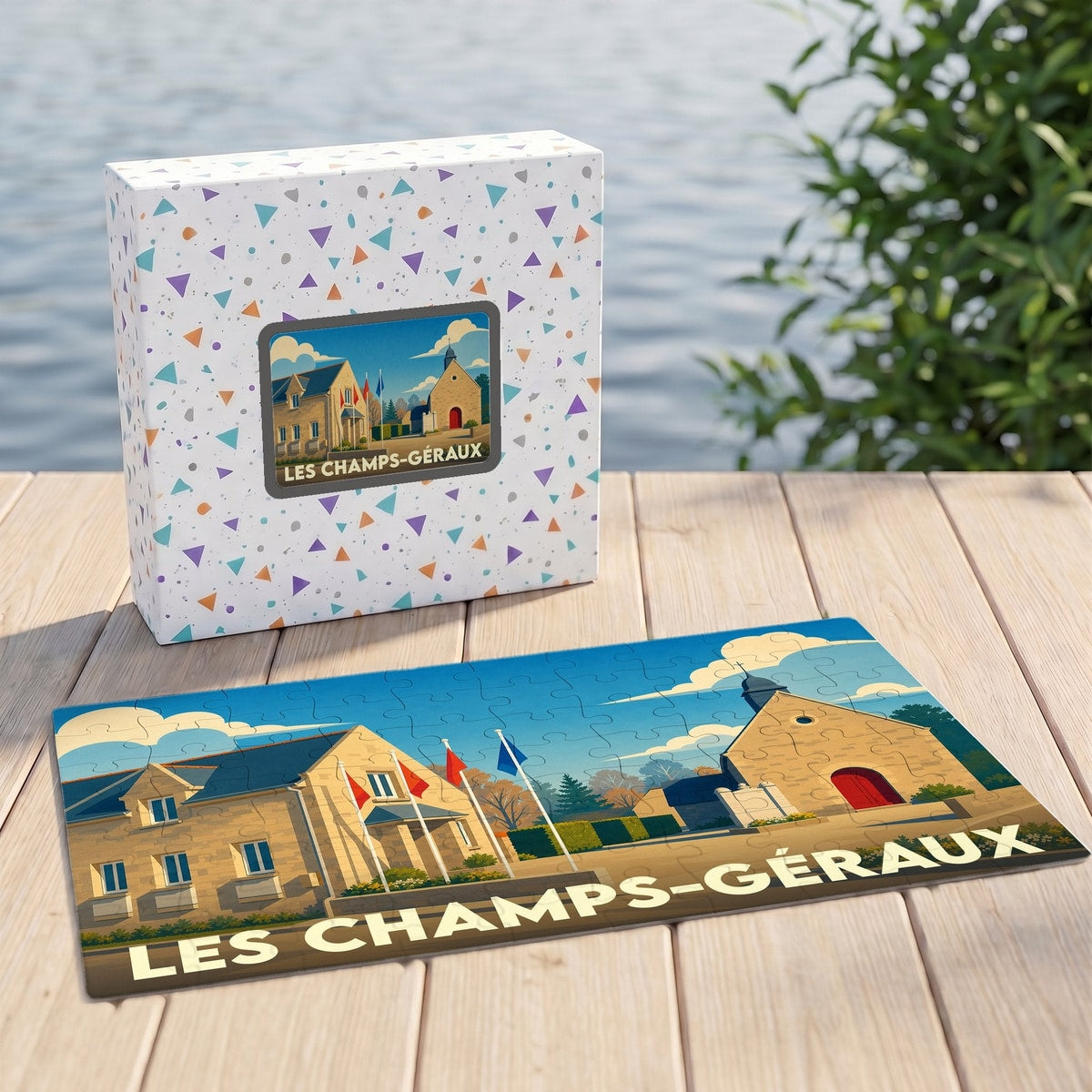 Puzzle souvenir de la ville de Les Champs-Géraux avec une illustration stylisée d'un paysage urbain.