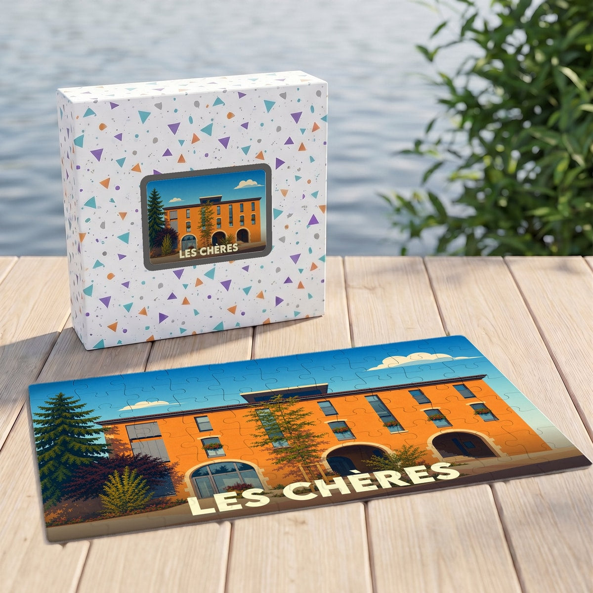 Puzzle souvenir de la ville de Les Chères avec une illustration stylisée d'un bâtiment orange.