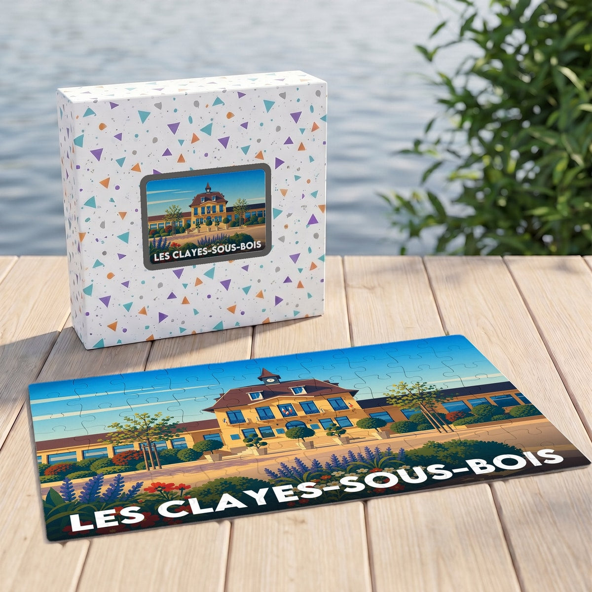 Puzzle souvenir de la ville de Les Clayes-sous-Bois avec une illustration stylisée de l'hôtel de ville.