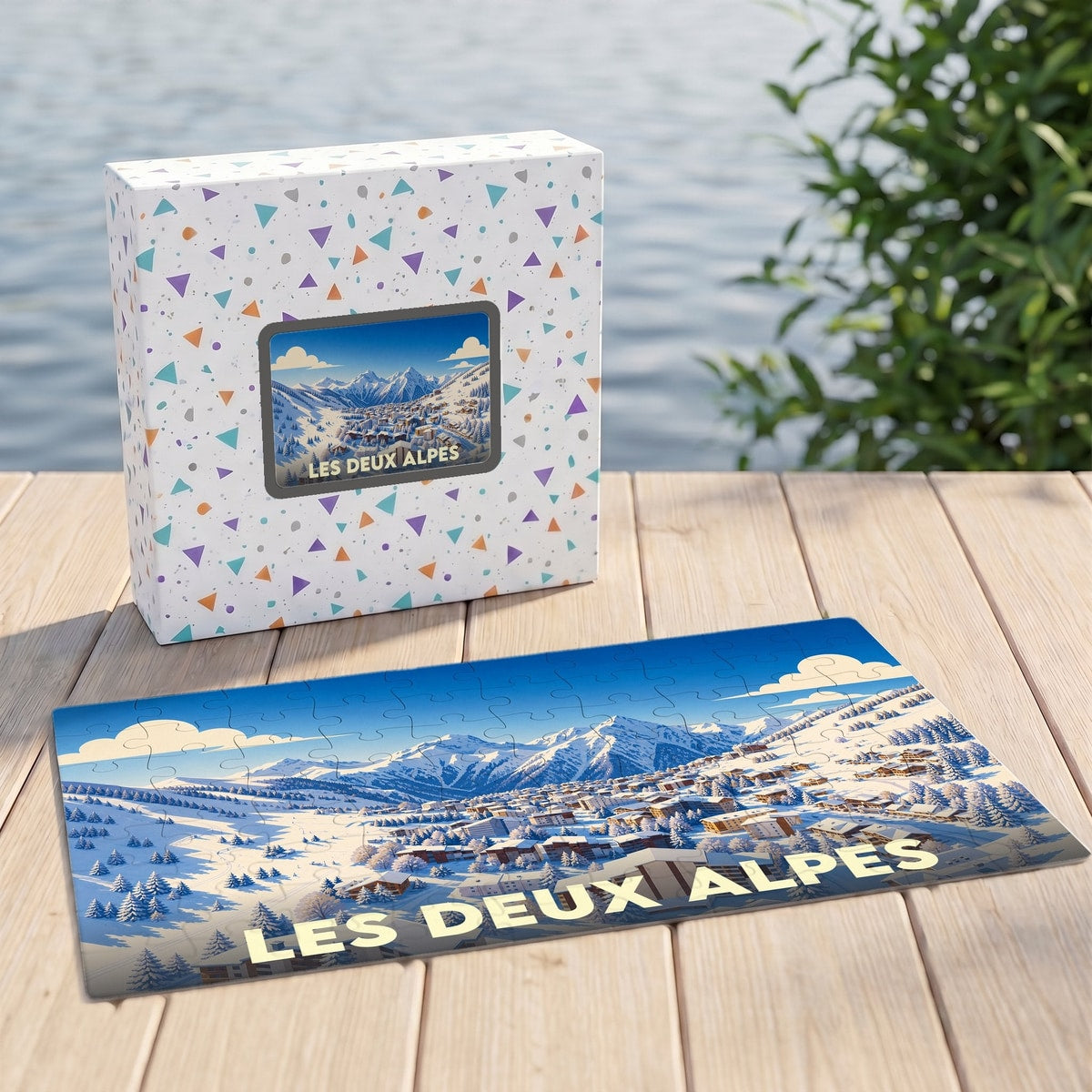 Puzzle souvenir de la station Les Deux Alpes avec une illustration de paysage de montagne enneigé.