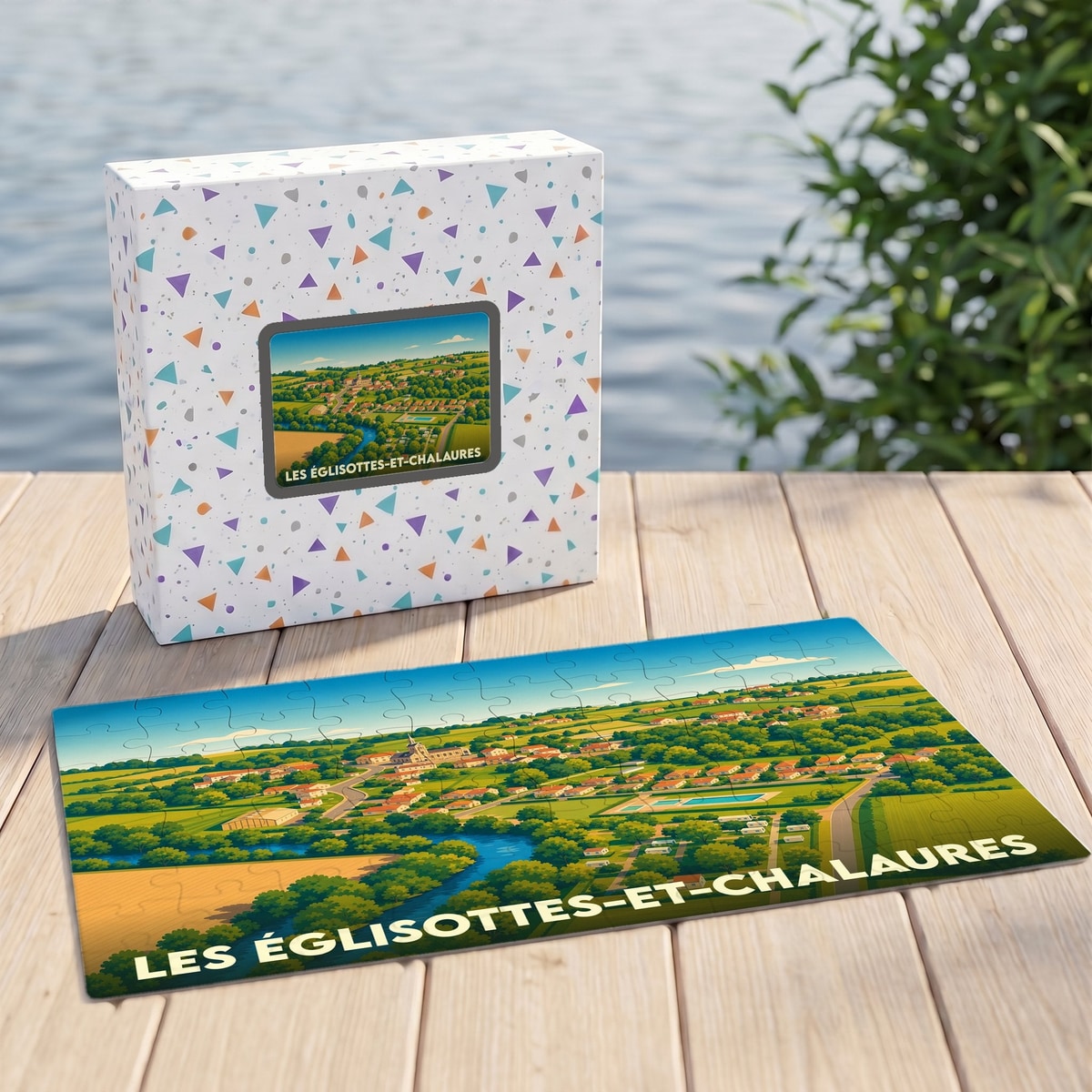 Puzzle souvenir de la ville de Les Églisottes-et-Chalaures illustrant un paysage de campagne verdoyant.