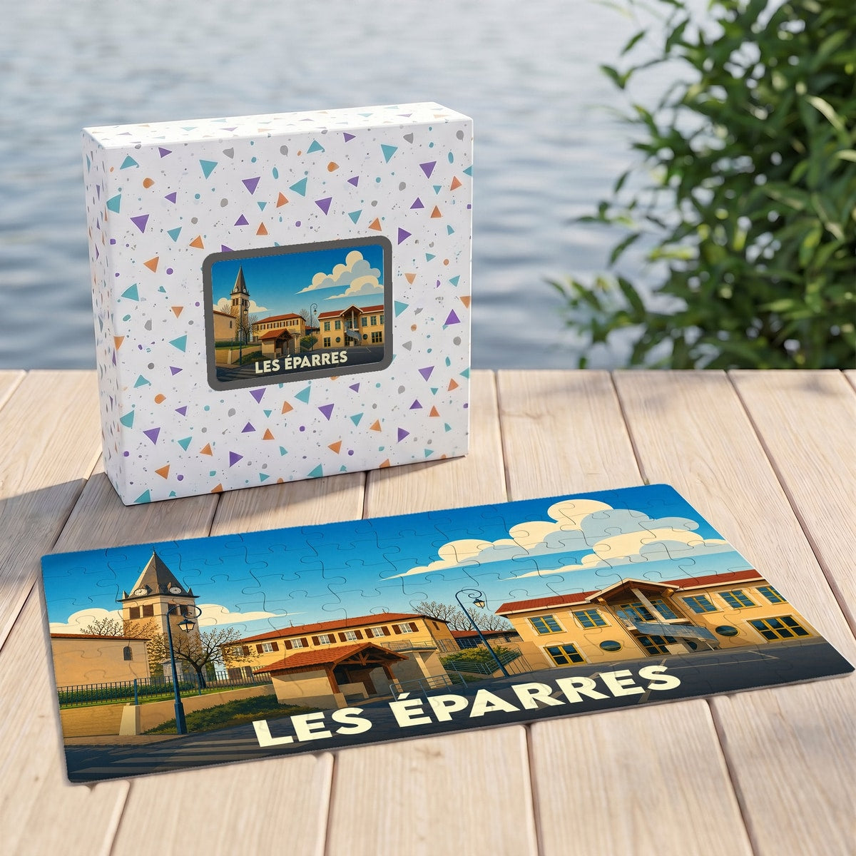 Puzzle souvenir de la commune de Les Éparres avec une illustration stylisée et colorée du village.