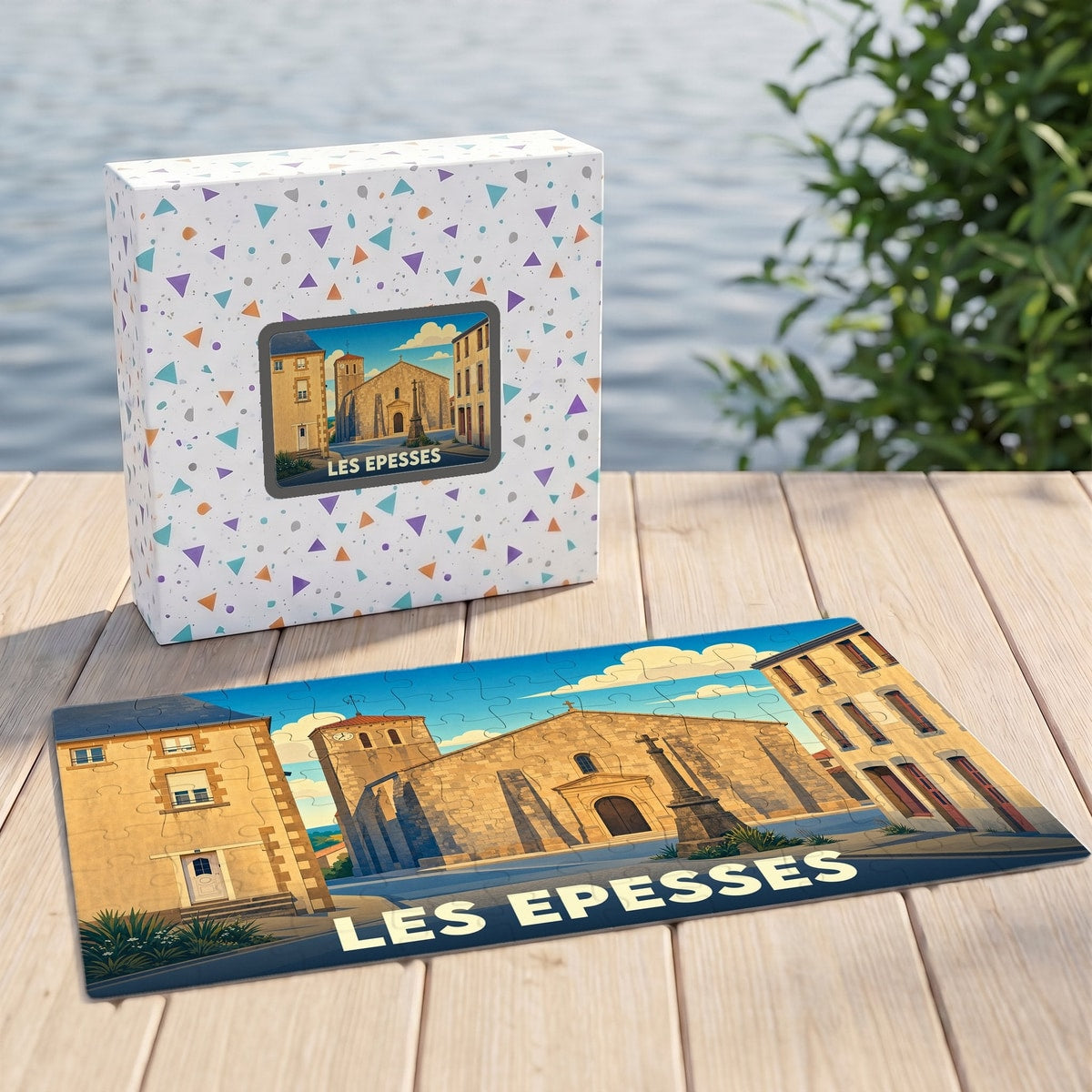Puzzle souvenir de la ville de Les Epesses avec une illustration stylisée d'un paysage urbain.