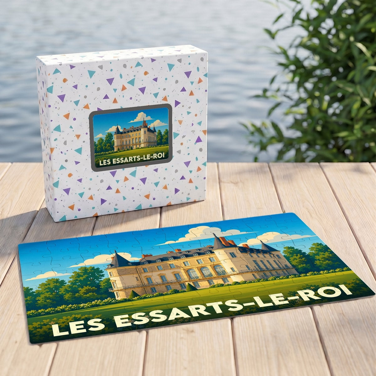 Puzzle souvenir de la ville de Les Essarts-le-Roi avec une illustration stylisée d'un château.