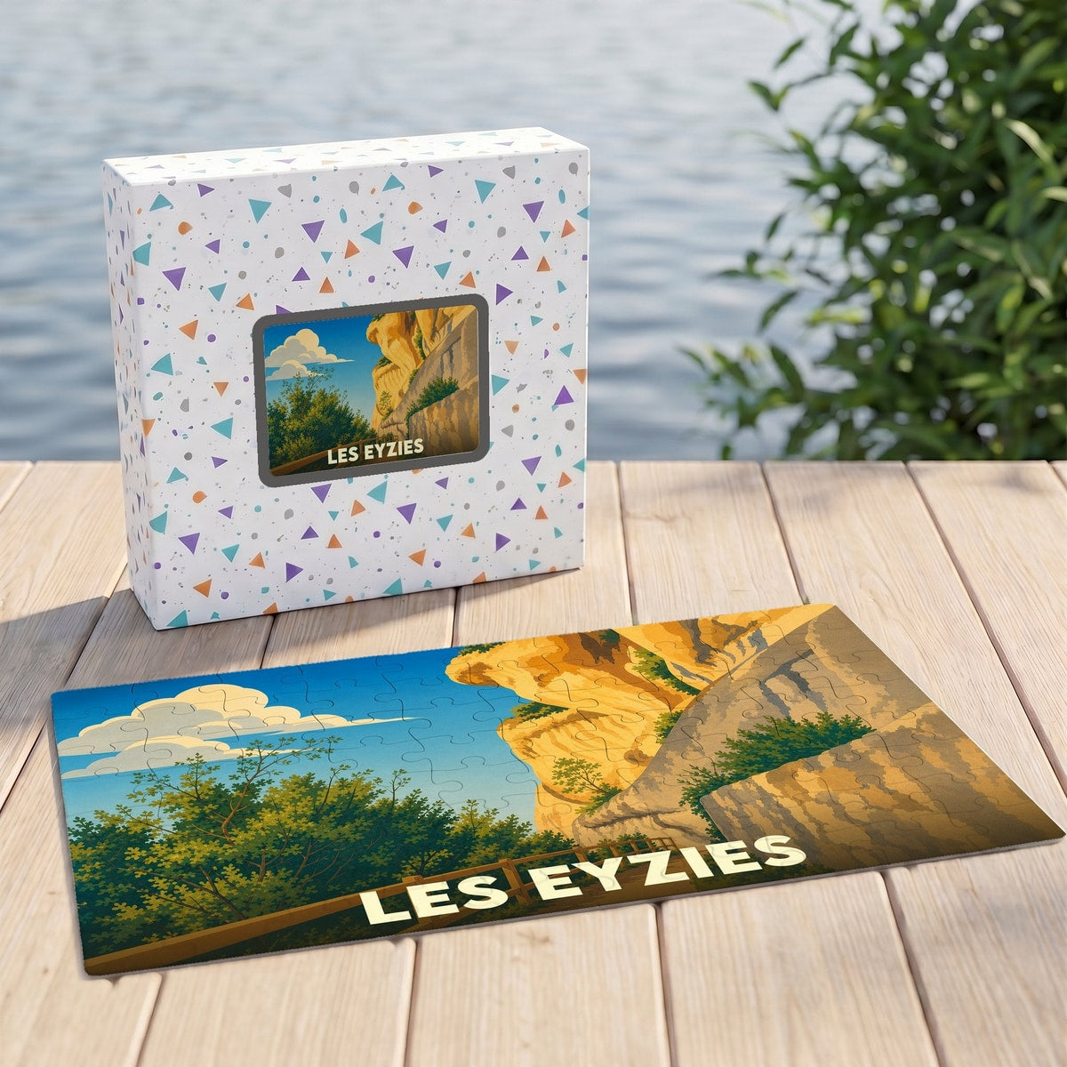 Puzzle souvenir de la ville de Les Eyzies avec une illustration stylisée de ses falaises.