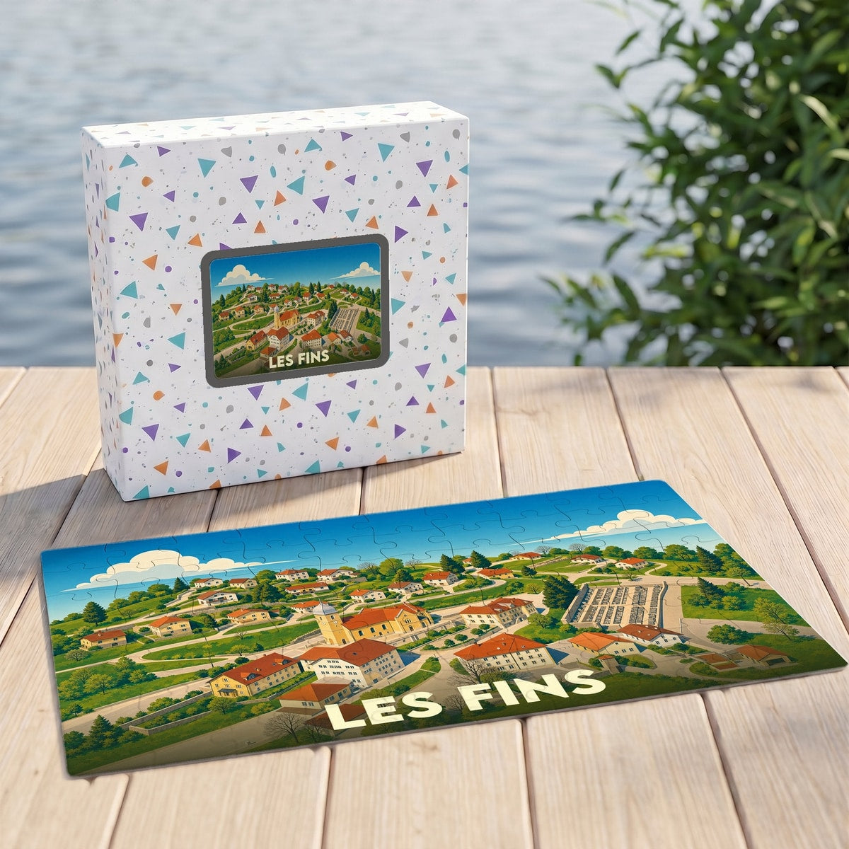 Puzzle souvenir de la ville de Les Fins avec une illustration stylisée d'un paysage urbain verdoyant.