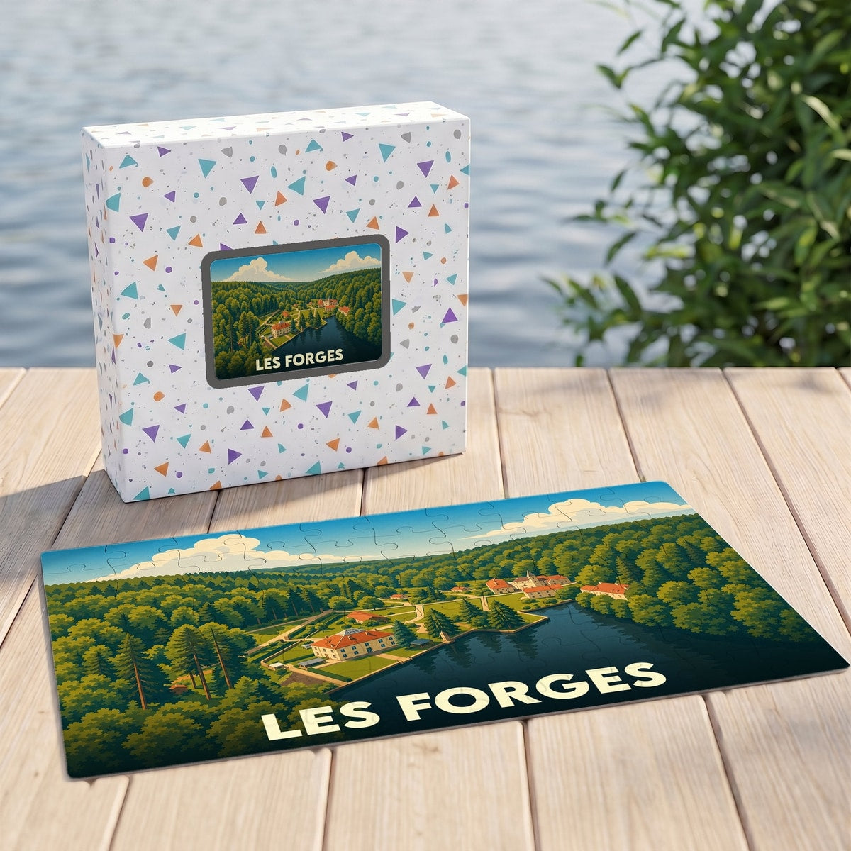 Puzzle souvenir de la ville de Les Forges avec une illustration stylisée de paysages boisés et d'un lac.