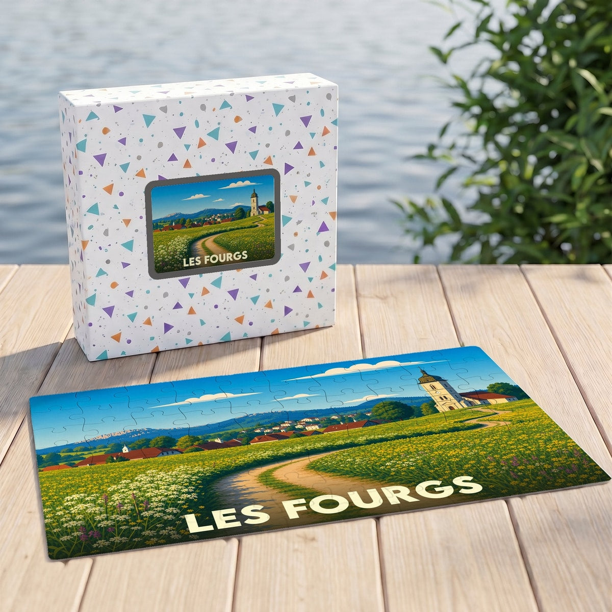 Puzzle souvenir de la ville de Les Fourgs avec une illustration stylisée d'un paysage champêtre.
