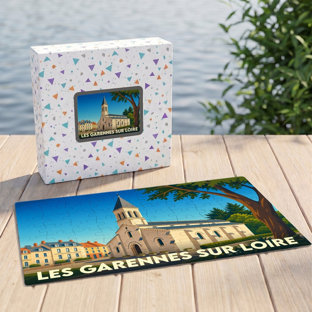 Puzzle souvenir de la ville de Les Garennes sur Loire avec une illustration stylisée.