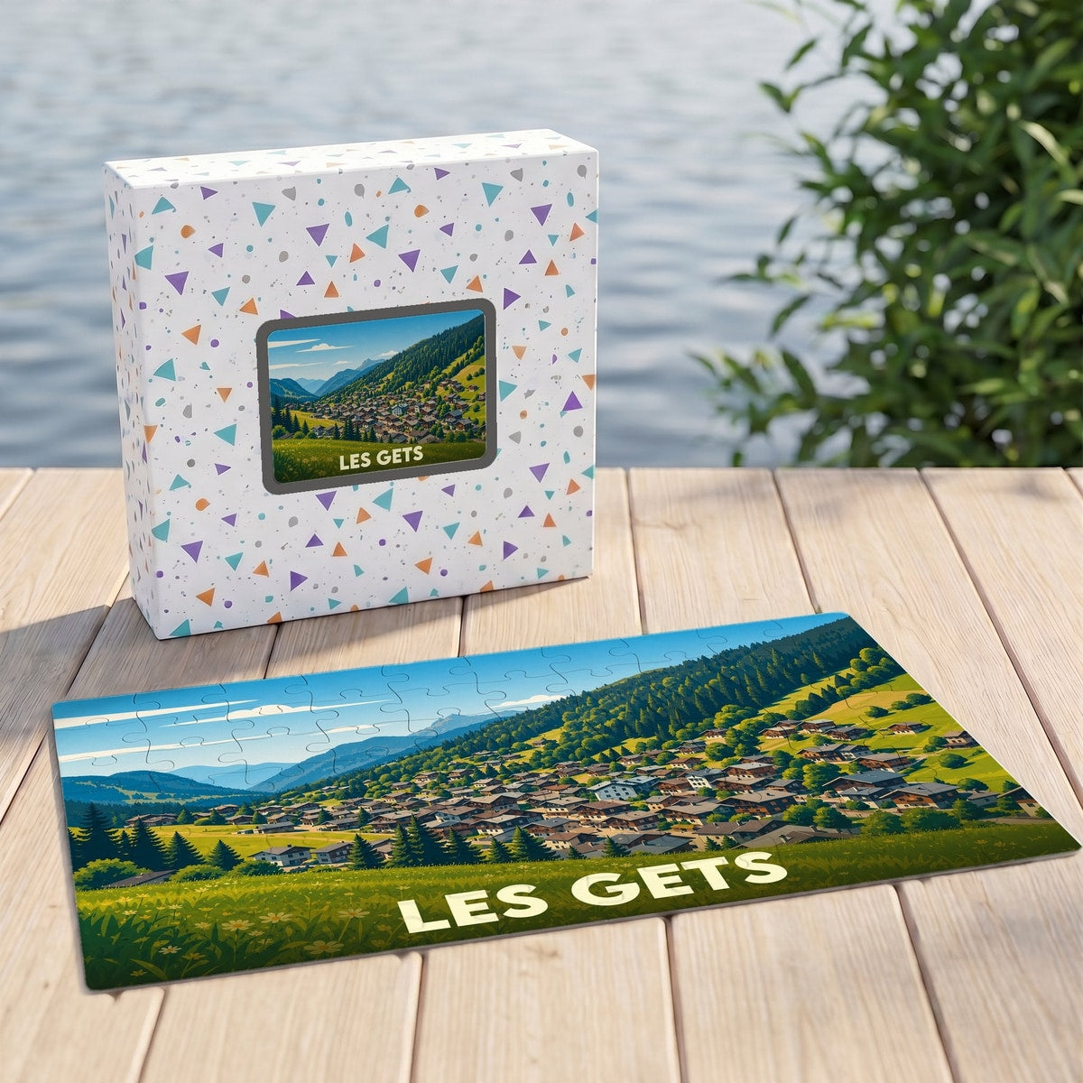 Puzzle souvenir de la ville de Les Gets avec une illustration de paysage montagneux.