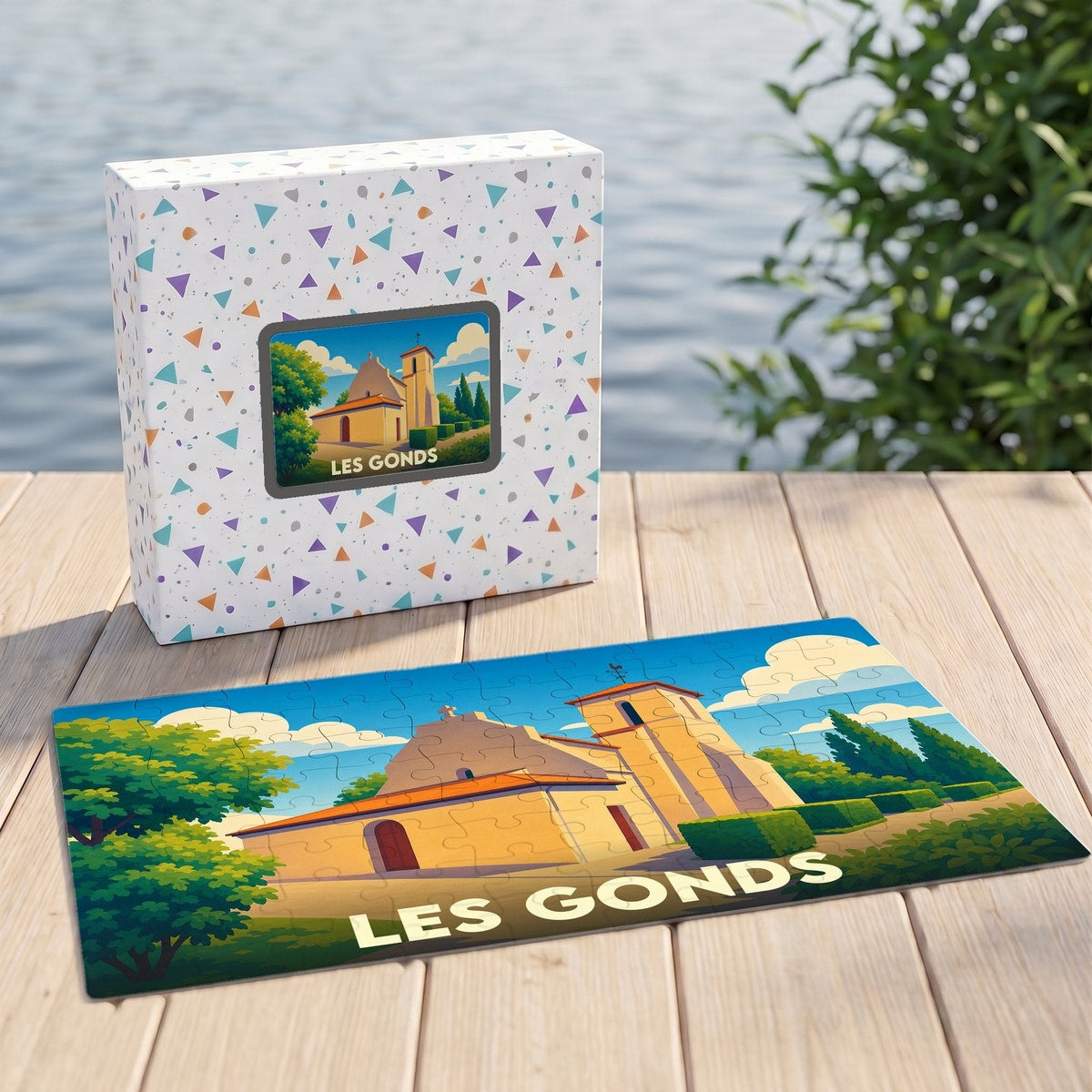Puzzle souvenir de la ville de Les Gonds avec une illustration stylisée d'une église locale.