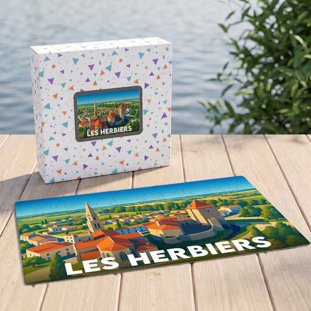 Puzzle souvenir de la ville de Les Herbiers avec une illustration stylisée d'un paysage urbain.