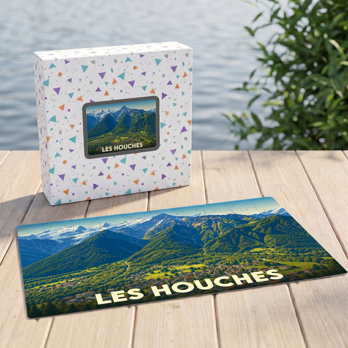 Puzzle souvenir de la ville de Les Houches avec une illustration panoramique des montagnes environnantes.