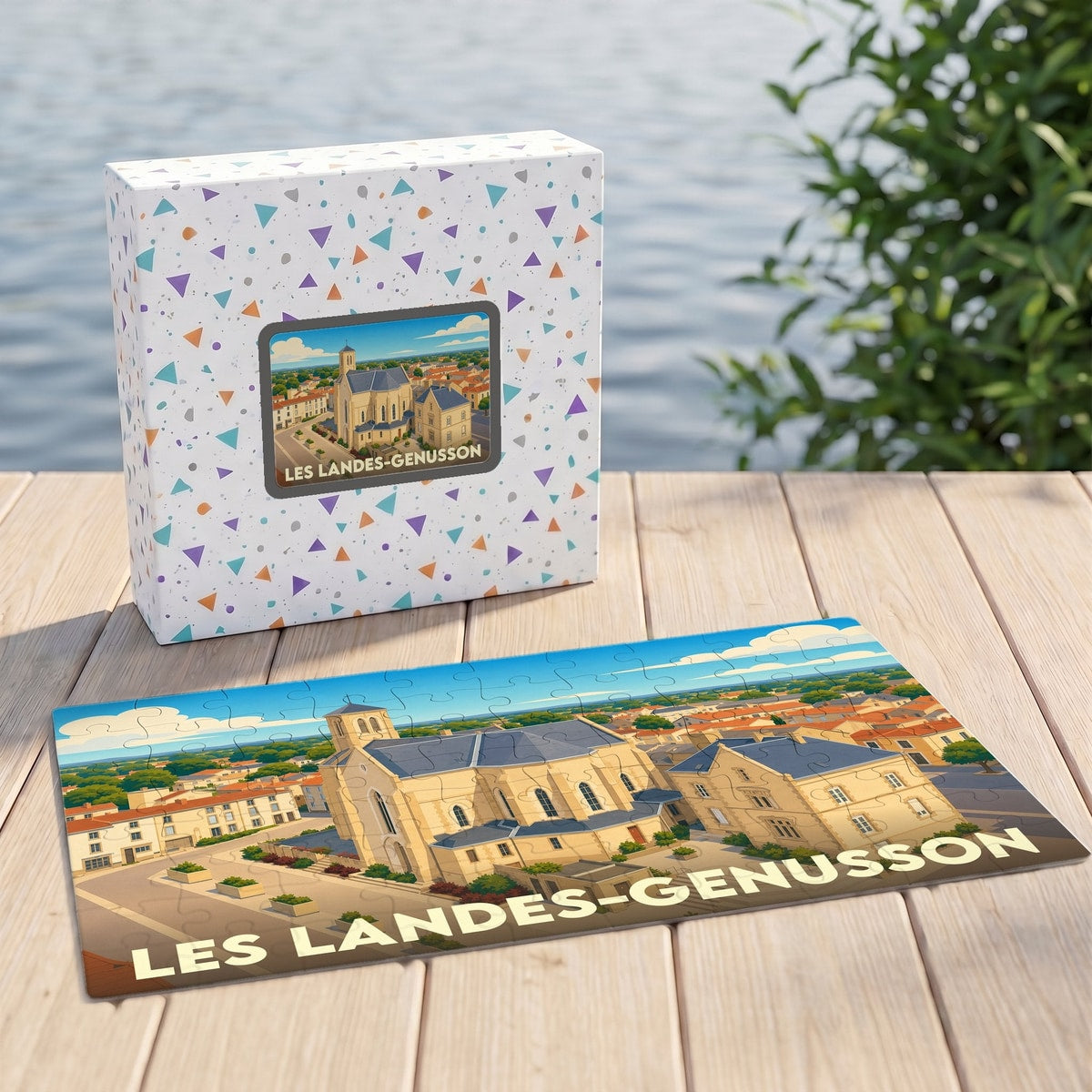 Puzzle souvenir de la ville de Les Landes-Genusson avec une illustration stylisée d'une église et son coffret assorti.