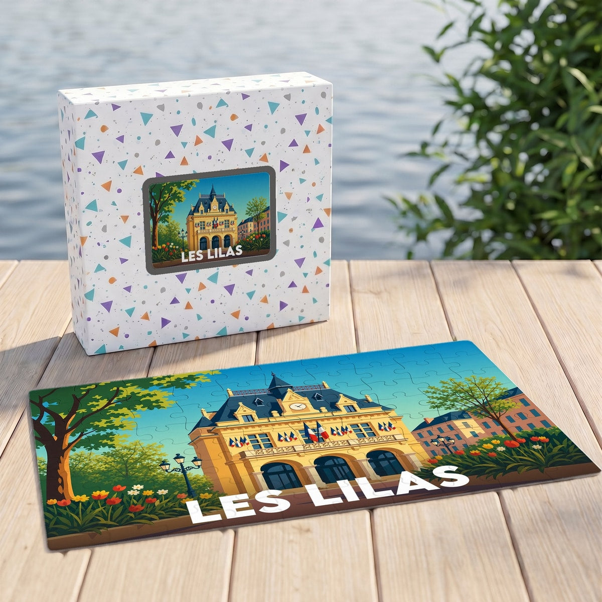 Puzzle souvenir de la ville de Les Lilas avec une illustration stylisée d'un bâtiment emblématique.
