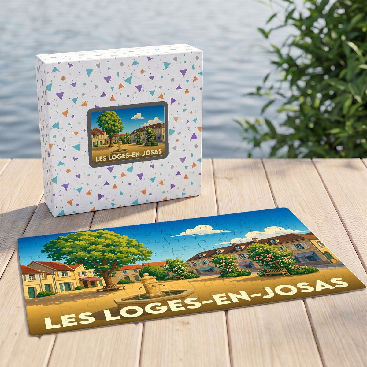 Puzzle souvenir de la ville de Les Loges-en-Josas avec une illustration stylisée de sa place centrale.