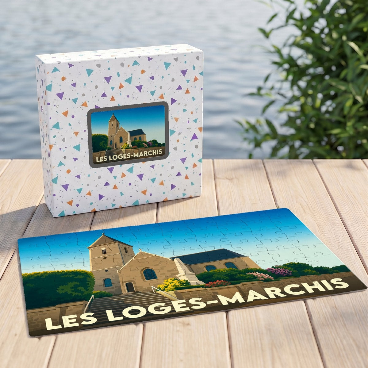 Puzzle souvenir de la commune de Les Loges-Marchis avec une illustration stylisée de son église.