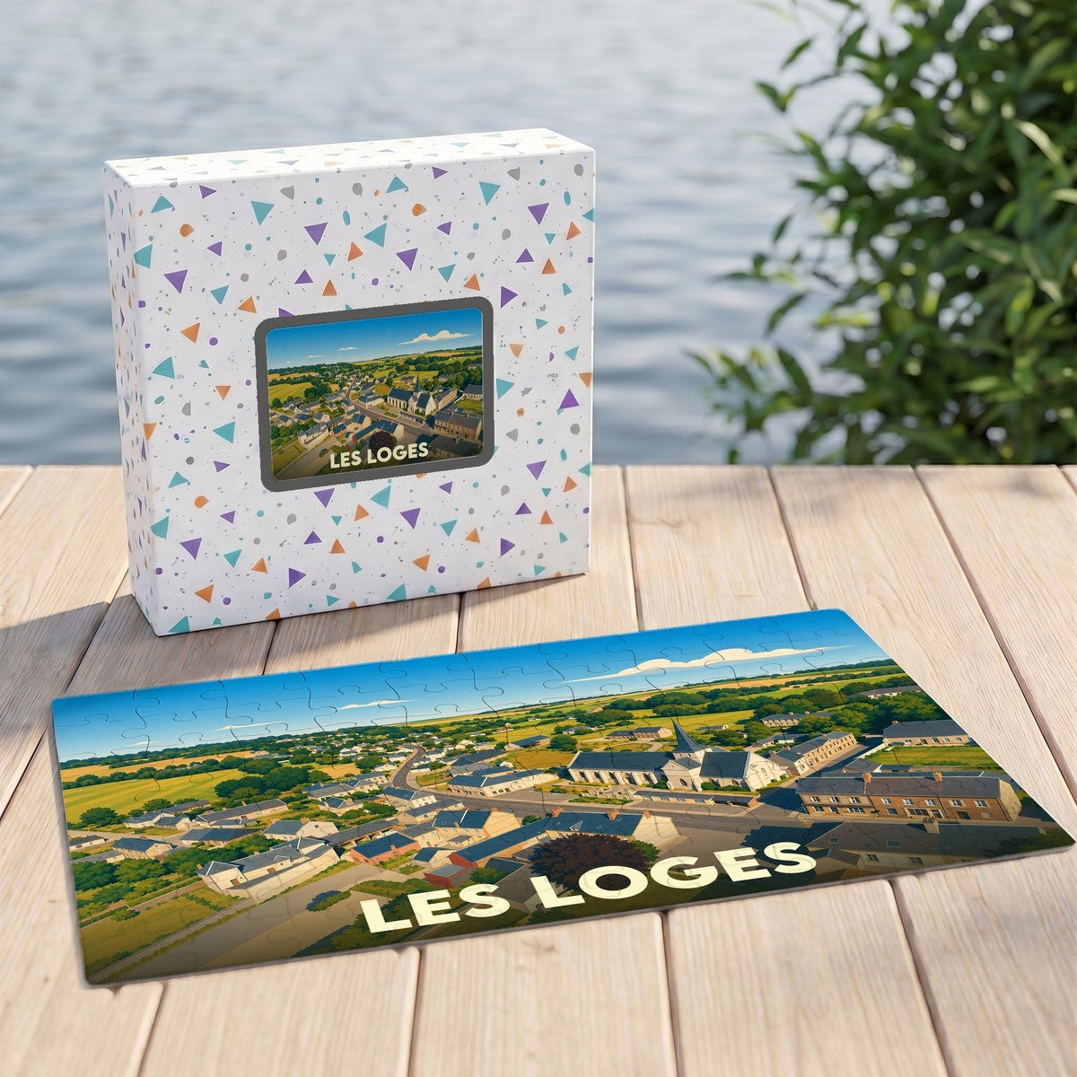 Puzzle souvenir de la ville de Les Loges avec une illustration panoramique stylisée.