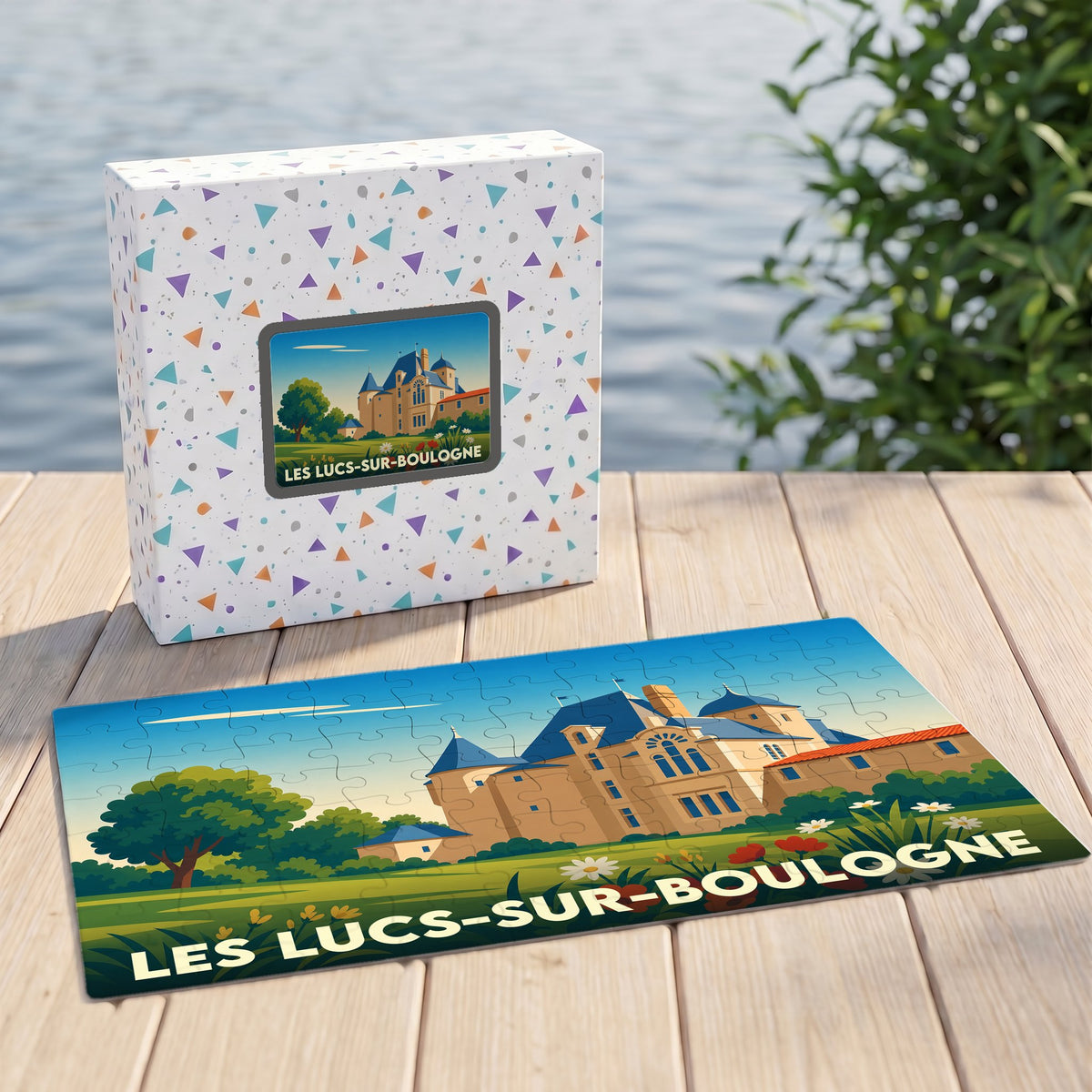 Puzzle souvenir de la ville de Les Lucs-sur-Boulogne avec une illustration colorée de son château.