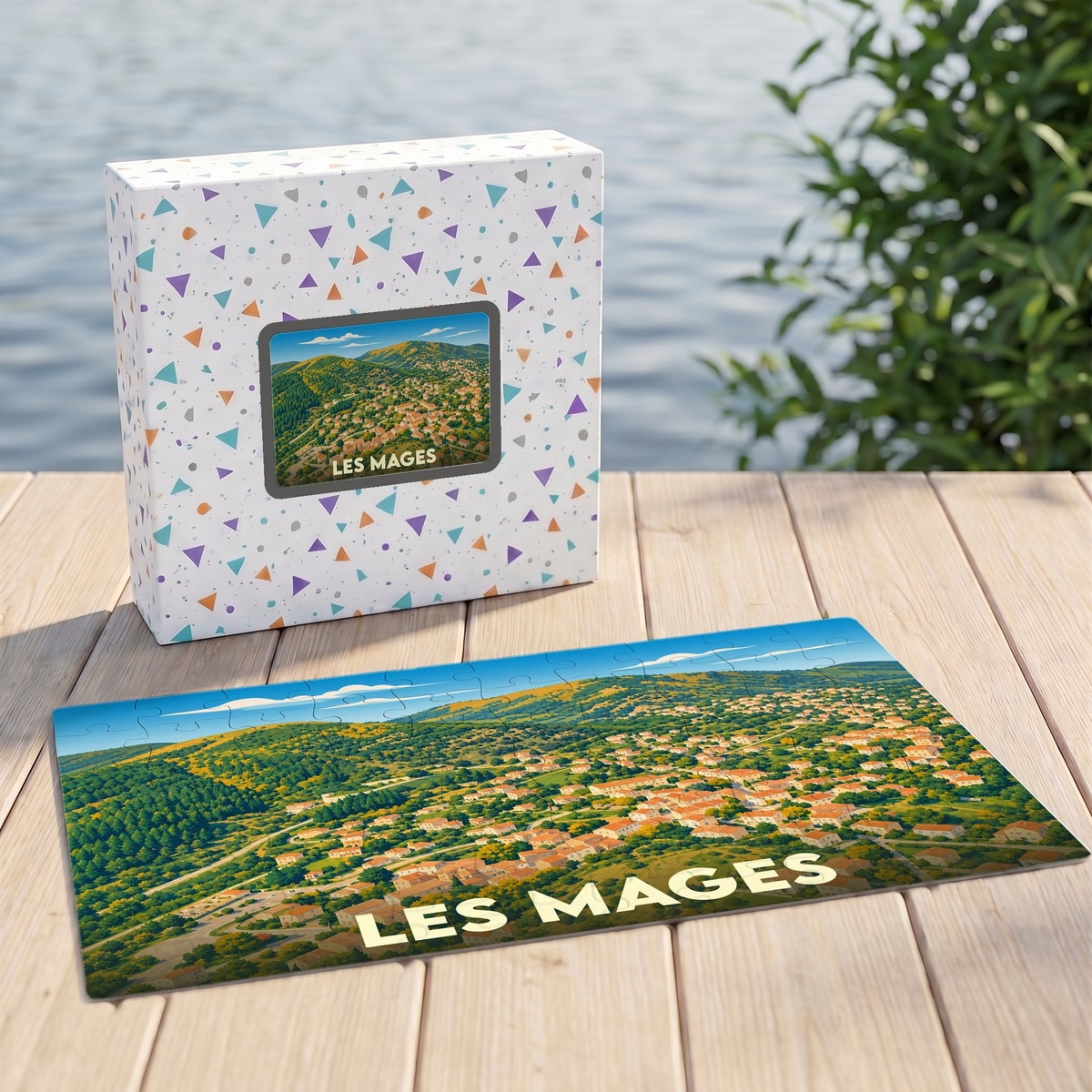Puzzle souvenir de la ville de Les Mages présentant une illustration panoramique stylisée.