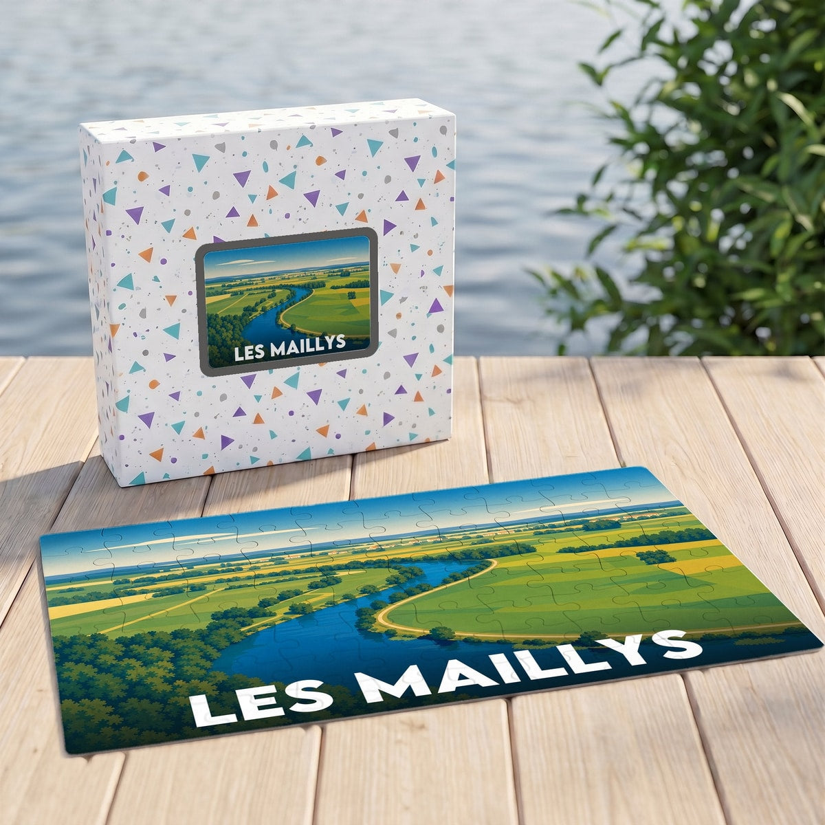 Puzzle souvenir de la ville de Les Maillys avec une illustration paysagère stylisée.
